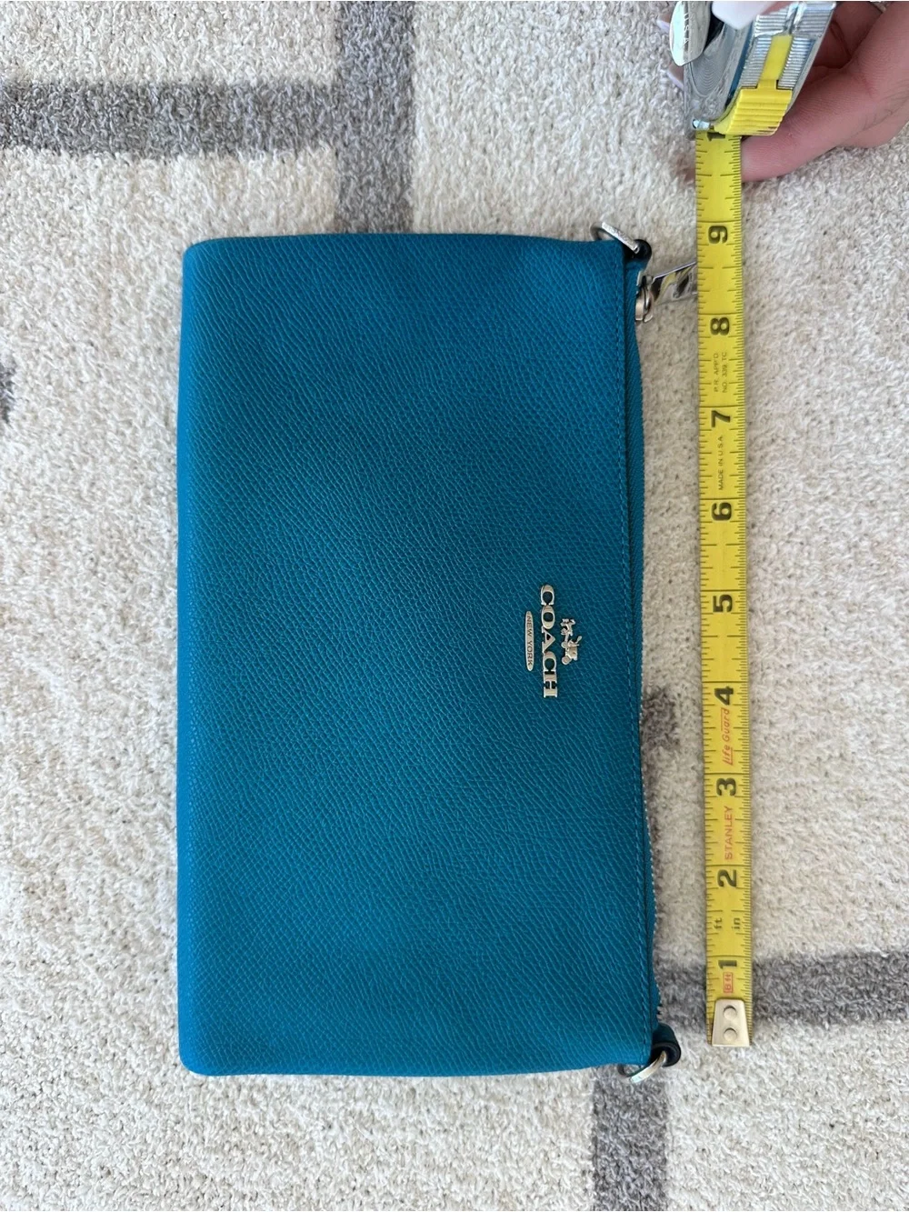 Coach Teal Pebbled Leather Crossbody Clutch with Chain Strap